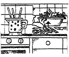 kleine Zeichnung von einem Küchenarbeitsplatz, auf dem ein Ordnungstopf und eine Abfallschüssel stehen